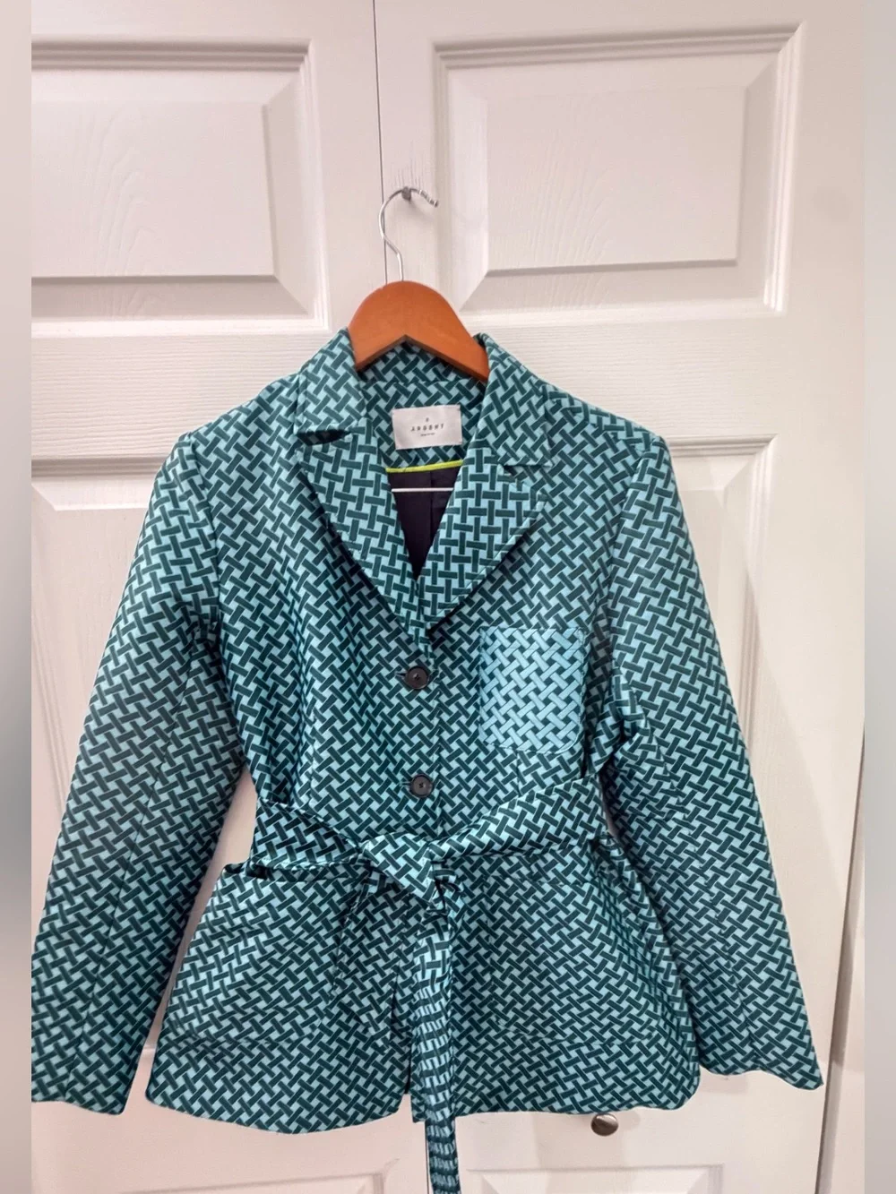 J. Argent Womens Size 8 Teal Geometric Belted Blazer Jacket tailored fit modern